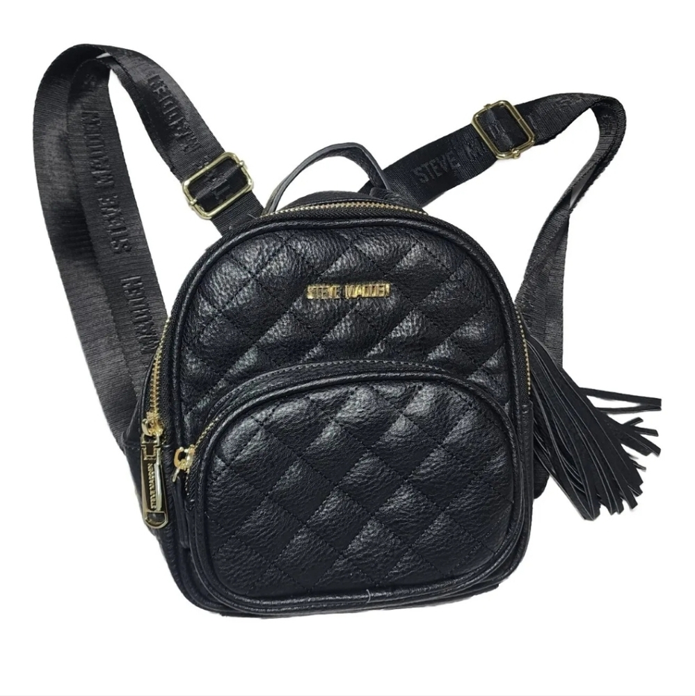 Steve Madden Backpack Purse Tote Bag Black Logo Gold Trim Zip EUC Back Pack
